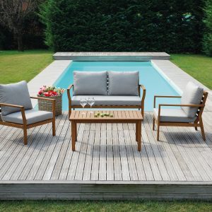 Set Berlino - Composto Da 2 Poltrone, Un Divano A 2 Posti E Un Tavolino - In Legno Di Eucalipto - Con Cuscini Sfoderabili In Grigio