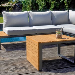 Set Saint Tropez Angolare - Composto Da Due Divani Da 2 Posti E Un Angolare - Tavolino Centrale Più Tavolini Laterali Con Piano In Resin Wood - Struttura In Alluminio Antracite - Cuscini Sfoderabili In Grigio