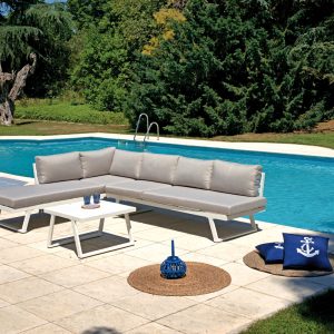 Set Tunisi Angolare - Composto Da 2 Divani A 3 Posti Trasformabili In Lettini - Tavolino 68 X 68 X 41 Cm Con Piano A Doghe Di Alluminio - Struttura In Alluminio  - Cuscini Sfoderabili