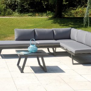 Set Tunisi Angolare - Composto Da 2 Divani A 3 Posti Trasformabili In Lettini - Tavolino 68 X 68 X 41 Cm Con Piano A Doghe Di Alluminio - Struttura In Alluminio  - Cuscini Sfoderabili