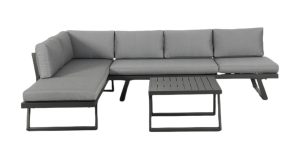 Set Tunisi Angolare - Composto Da 2 Divani A 3 Posti Trasformabili In Lettini - Tavolino 68 X 68 X 41 Cm Con Piano A Doghe Di Alluminio - Struttura In Alluminio  - Cuscini Sfoderabili