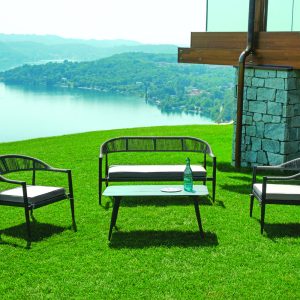 Set Milano - Composto Da 2 Poltrone, 1 Divano E Un Tavolino Con Piano A Doghe Di Alluminio 100 X 55 X 45 Cm - Struttura In Alluminio B - Seduta E Schienale In Twist Wicker Ø 5 Mm Paglia - Cuscini Sfoderabili