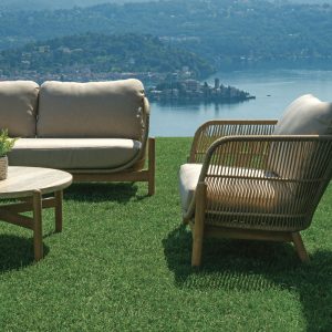 Salotto Lamezia In Acacia Certificata Fsc Color Teak Con Corda Color Naturale 5 Pz