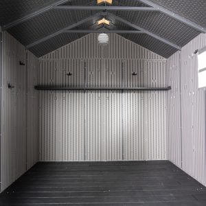 Rifugio in resina HDPE, finto legno, grande volume, con pavimento, 2,40m x 3,00m, 7,20m²