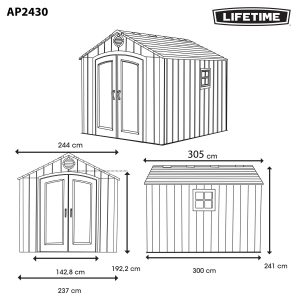 Rifugio in resina HDPE, finto legno, grande volume, con pavimento, 2,40m x 3,00m, 7,20m²
