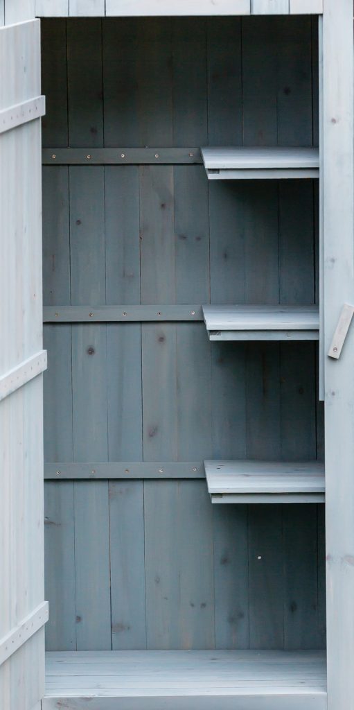 Armadio da giardino a 3 ripiani, finitura in legno tinto di blu.