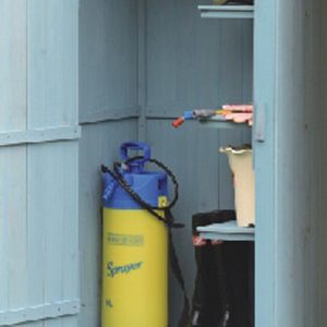 Armadio da giardino a 3 ripiani, finitura in legno tinto di blu.