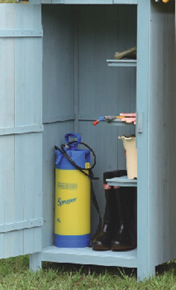 Armadio da giardino a 3 ripiani, finitura in legno tinto di blu.