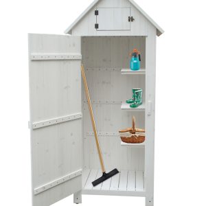 Armadio da giardino a 3 ripiani, finitura in legno tinto di bianco.