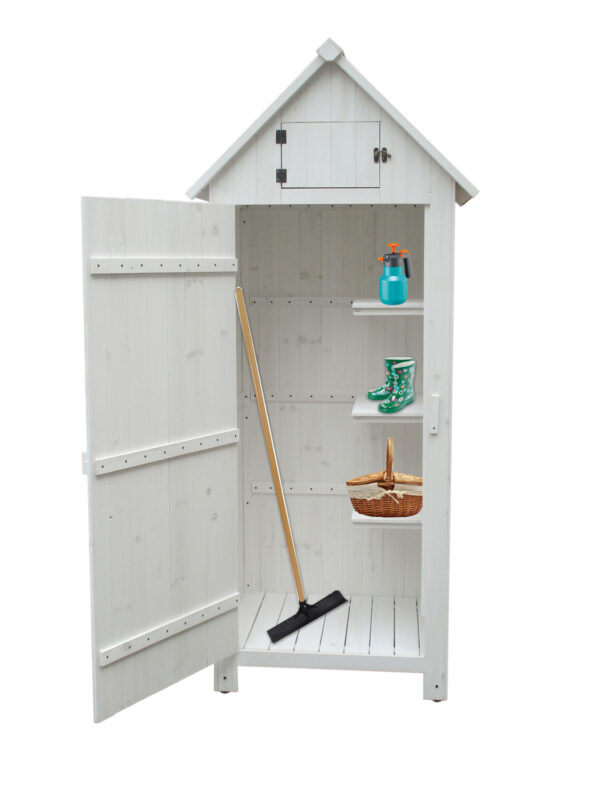 Armadio da giardino a 3 ripiani, finitura in legno tinto di bianco.