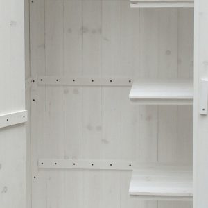 Armadio da giardino a 3 ripiani, finitura in legno tinto di bianco.