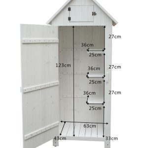Armadio da giardino a 3 ripiani, finitura in legno tinto di bianco.