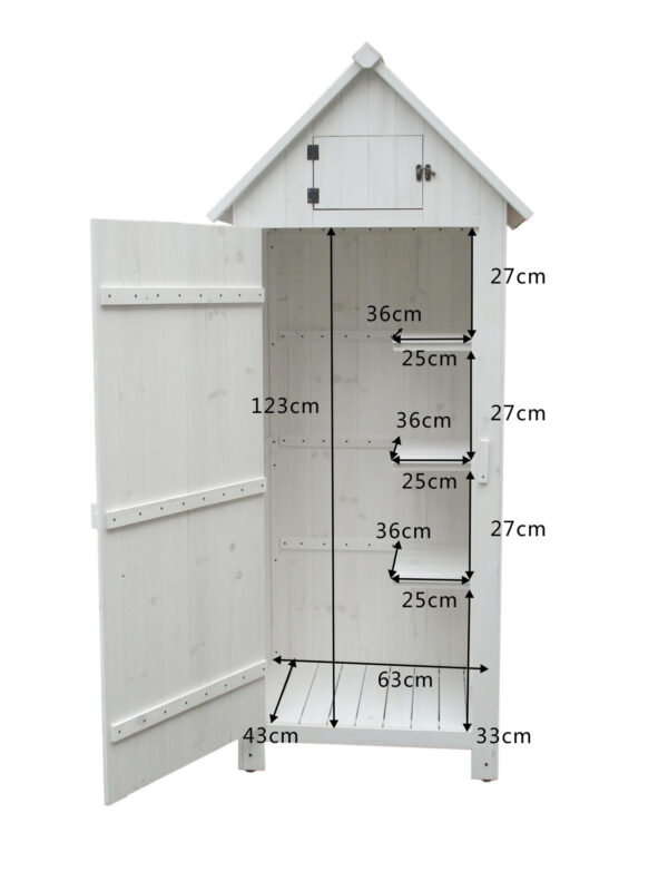 Armadio da giardino a 3 ripiani, finitura in legno tinto di bianco.