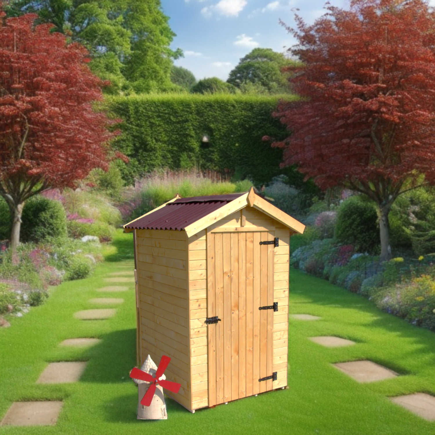 Casetta Eden con pannelli in abete da 16 mm., con pavimento e WC a secco.