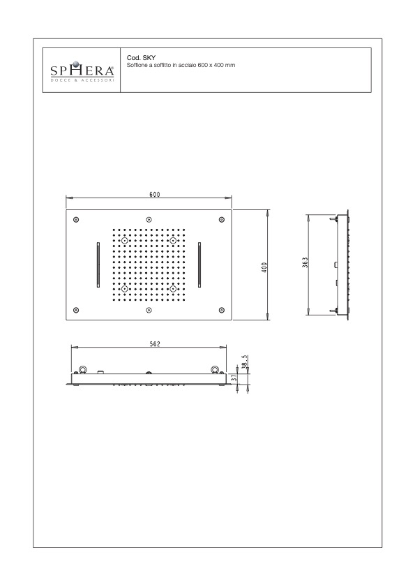 Soffione in acciaio a soffitto Sphera Italia 60x40cm - immagine 4